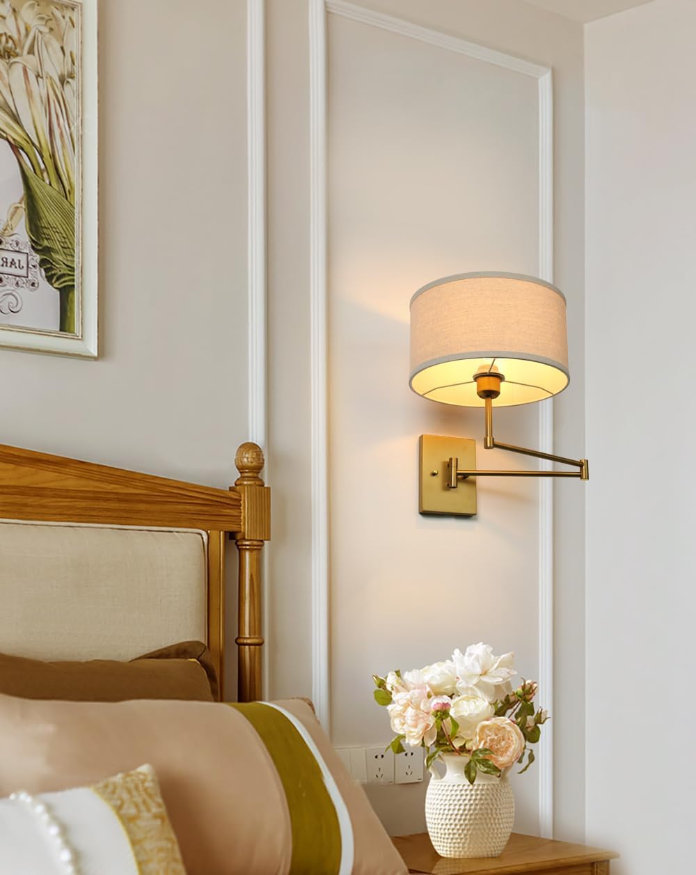 PERMO Plug in Wall Sconce Linen Fabric Sconces Light Fixture with Metal Swing Arm and Huge Circle Lampshade for Living Room Bedroom