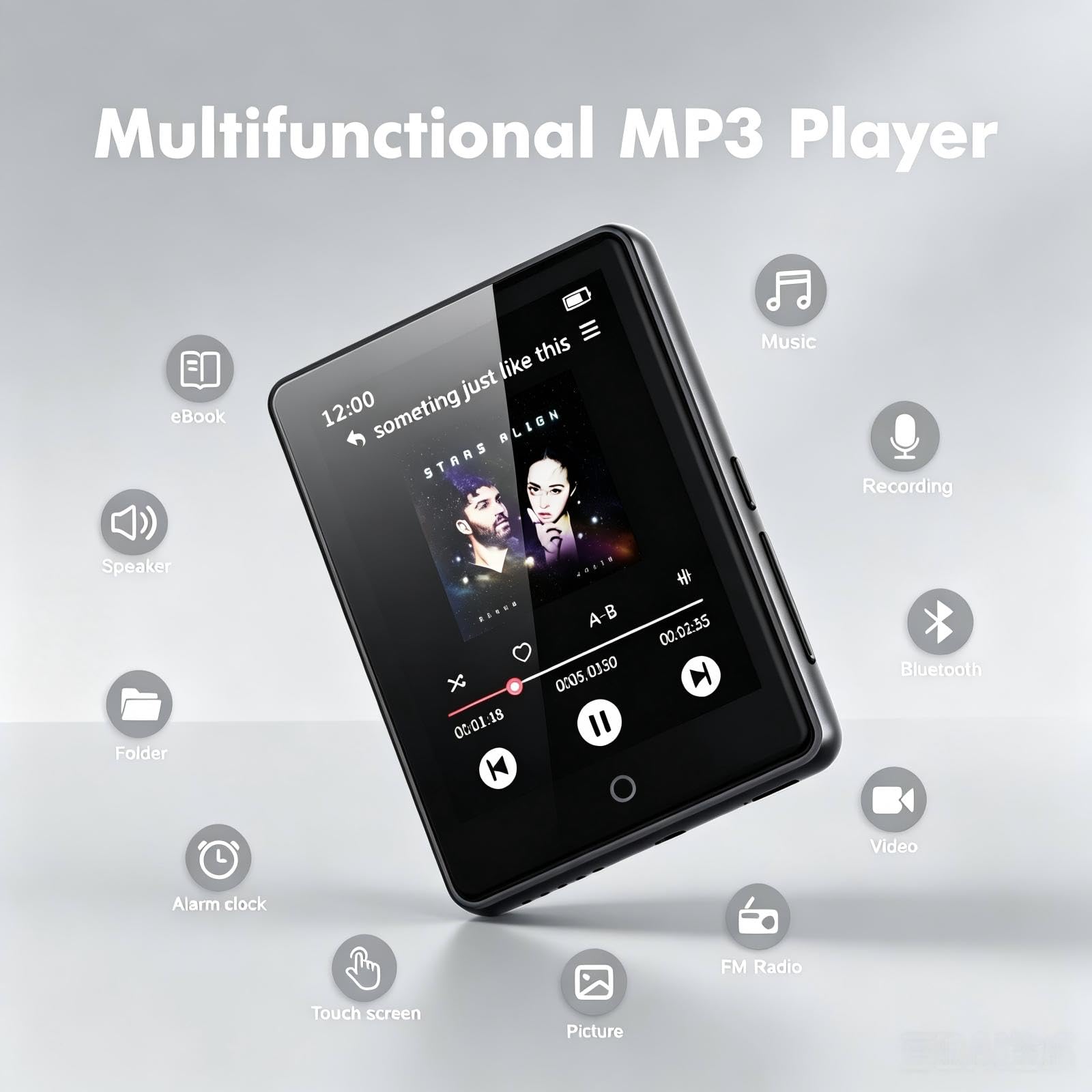 Reproductor MP3 de 32 GB con Bluetooth 5.3 con Altavoz para niños Calidad de Sonido HiFi, Pantalla táctil de 2,8 Pulgadas, Radio FM, Grabadora de Voz, Admite Tarjetas TF de hasta 128 GB (Negro)