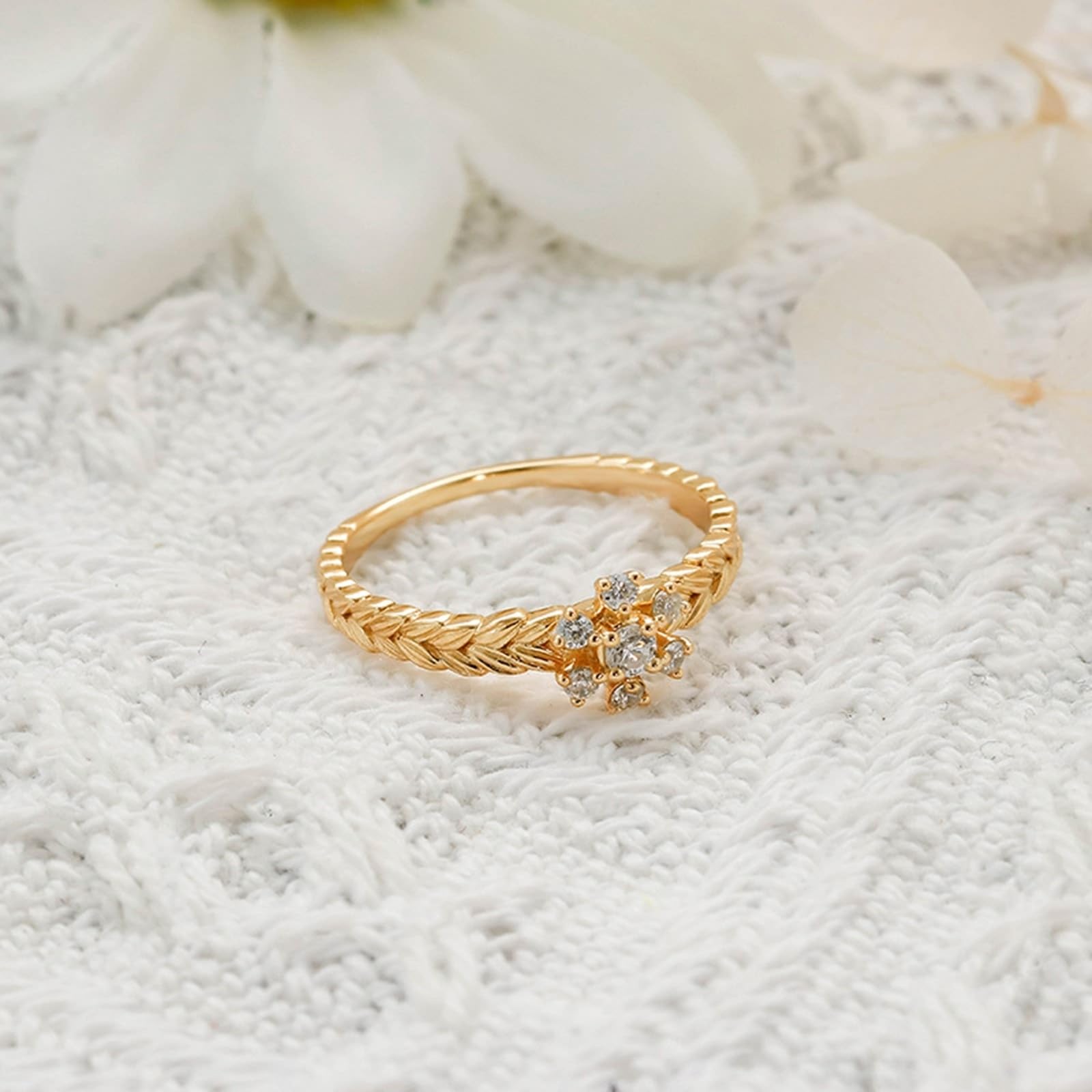 Alianzas de oro amarillo de 9 K/14 K/18 K con moissanita, dientes de trigo, flores, anillos de pareja