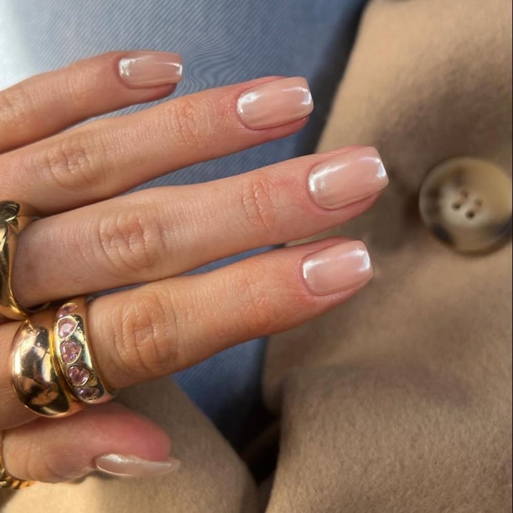 SXVME Chrome Press On Nails Short Square, Nude Pink False Nails Short Coffin with Glazed Finish - Image 3
