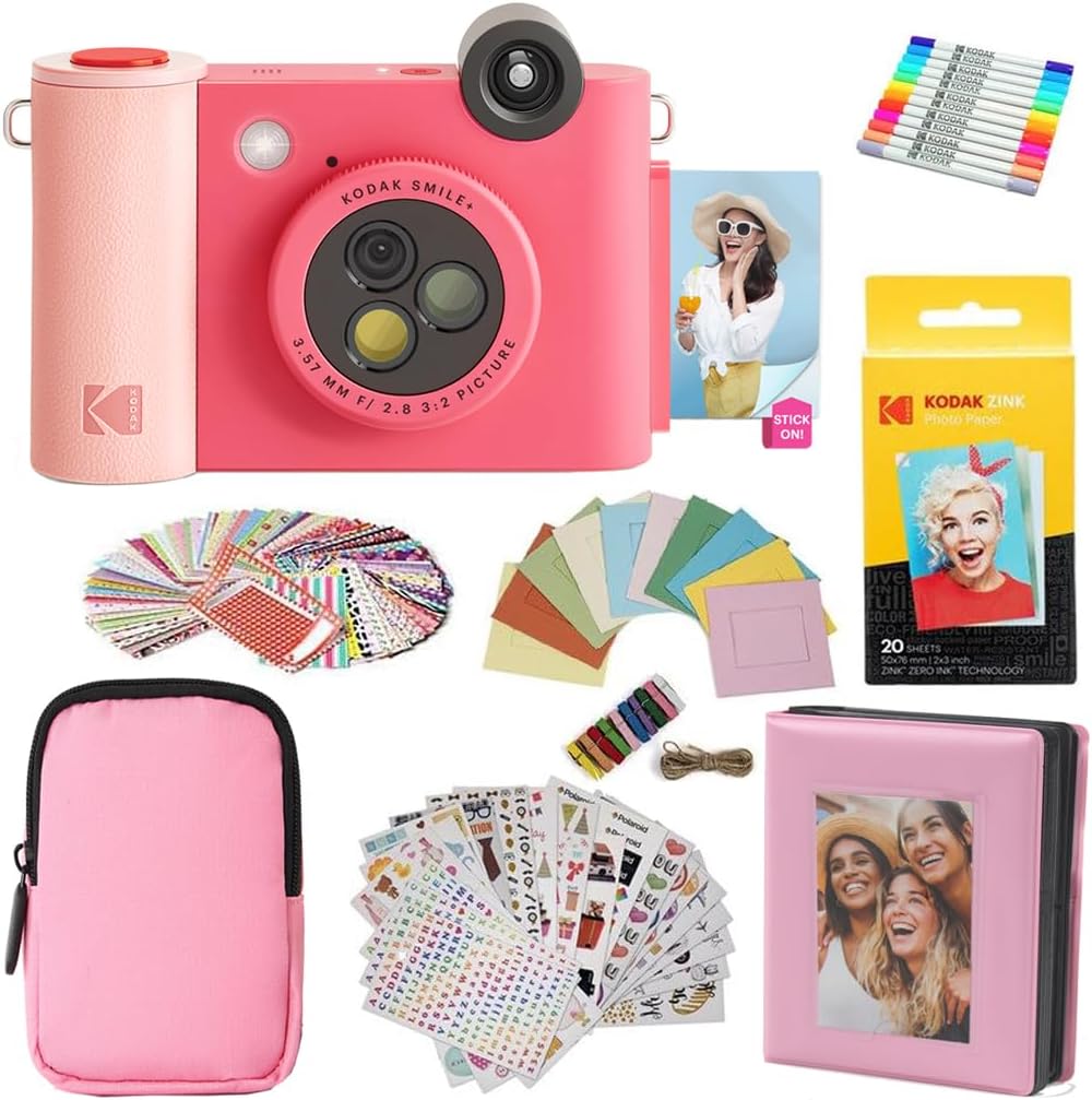 KODAK Smile+ 2-in-1 Digital Instant Print Camera & Printer Gift Bundle + Case + Zink 20pk 2x3 Sticky Back Photo Paper + Album + Sticker Sets + Sticker Frames + Hanging Frames + Markers - Fuchsia