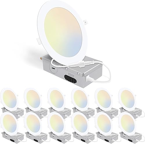 Paquete de 12 luces LED empotrables de techo 5CCT de 6 pulgadas con luz nocturna, 2700 K3000 K3500 K4000 K5000 K seleccionables, iluminación