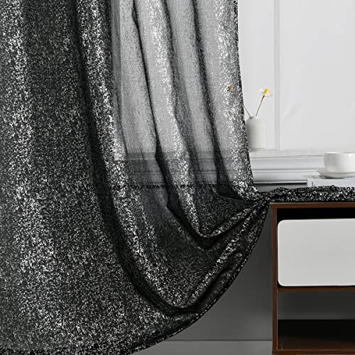 Silver Black Sheer Curtains for Bedroom - Metallic Silver Sparkle Curtains 63 Inch Length, Rod Pocket Shiny Sheer Window Curtains, Privacy Glam Sheer Curtains with Sparkles, 52 x 63 Inch, 2 Pcs, Black
