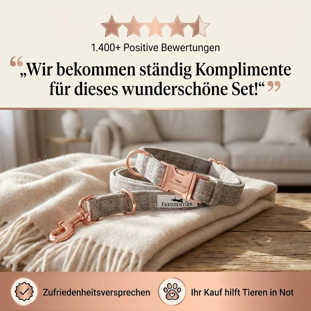 FREUDENTIER Hundehalsband und Hundeleine 2m im eleganten Set - Hundeleine verstellbar - Inkl. Geschenkbox - Für kleine, mittelgroße & große Hunde - Classic Kollektion, Das Original (37-58cm)