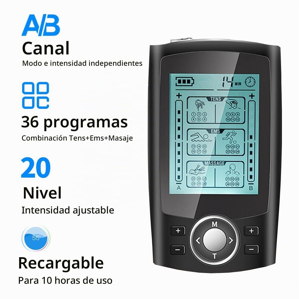 TENS/EMS Digital Electroestimulador Muscular, 36 modos 3 en 1, TENS EMS y Función de Masaje con 10 electrodos para aliviar el Dolor de Espalda, Hombros, Piernas y Cuello