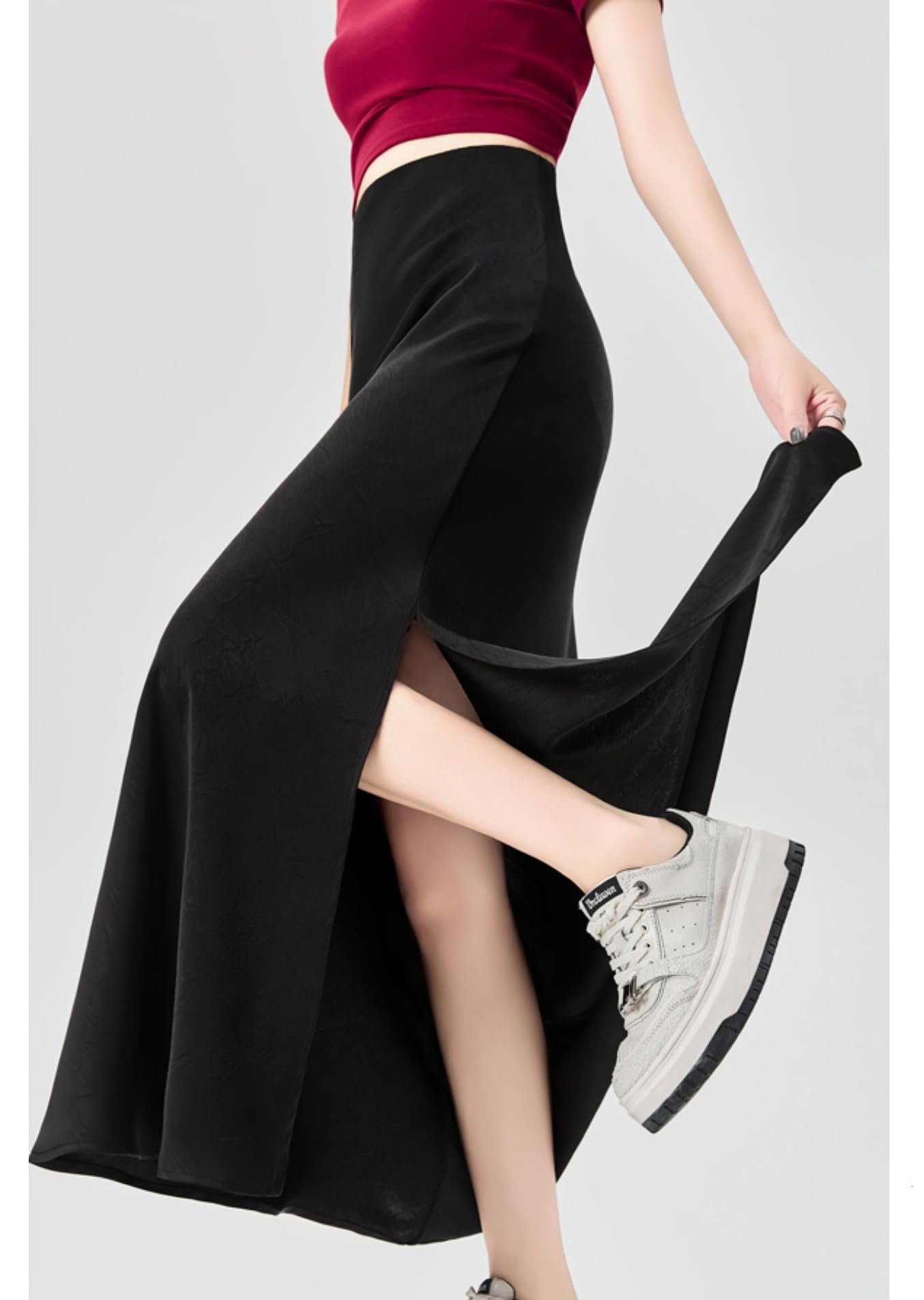 Jupe Longue Fendue Latérale Pour Femmes Taille Élastique Coupe Ajustée Hanche Léger Décontracté Ourlet Fluide Satin Jupes Trapèze