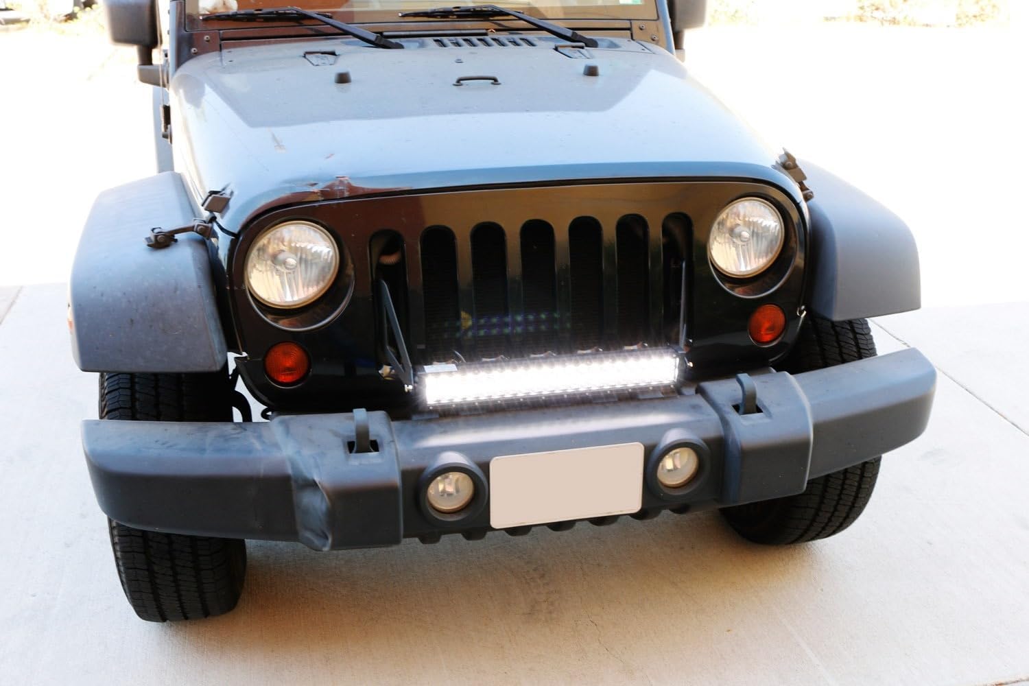iJDMTOY Front Grille 20-Inch LED Light Bar Kit Compatible with Jeep 2007-17 Wrangler, Includes (1) 120W High Power LED Lightbar, Grill Front Mounting Brackets & On/Off Switch Wiring Kit
