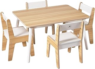 Toffy & Friends Kids Table and Chairs Set(4 Chairs Included), Wooden Toddler Table and Chair Set, Childrens Table and Chairs for Ages 3-8, Toddler Table and Chairs for Drawing, Reading, Arts Crafts