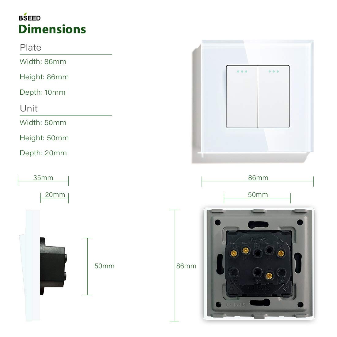 Panel de interruptor de luz con botón pulsador de cristal, 2 unidades, multicolor, 1 vía, 2 vías(Golden,2Way)