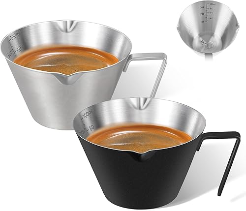 Miniatura 11 de 2 piezas de tazas de espresso de acero inoxidable con asa, taza medidora de metal de doble boquilla con doble escala, taza de espresso con boca en
