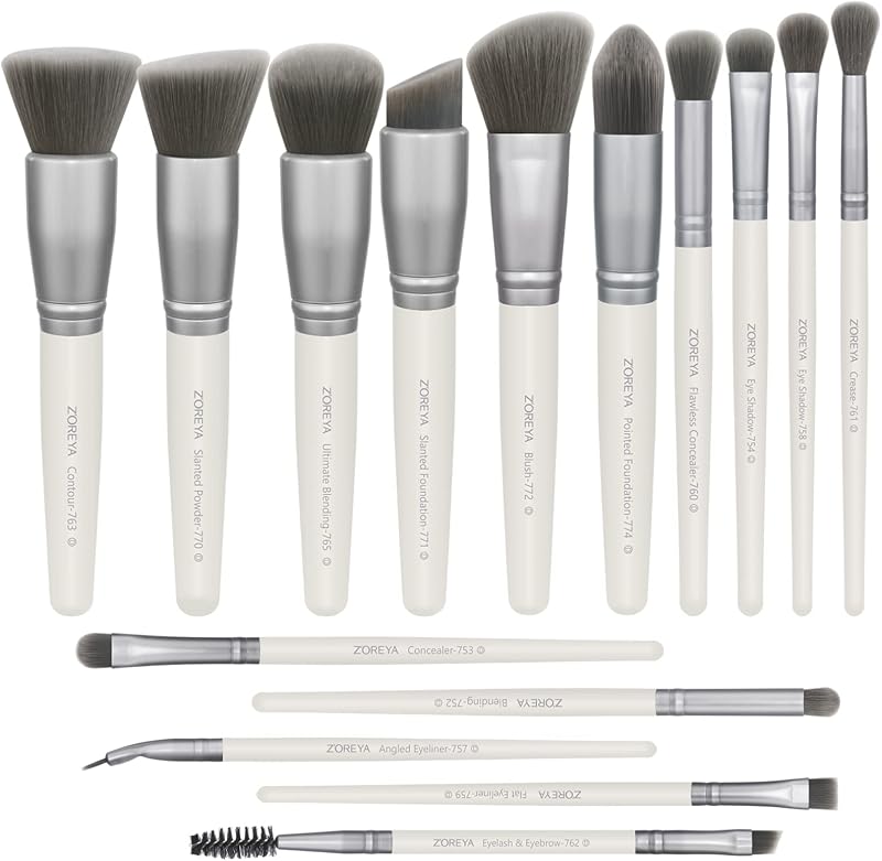 ZOREYA Brochas de Maquillaje - Juego de 15 Brochas de Maquillaje con Cerdas de Carbón de Bambú Premium, Correctores de Base, Sombras de Ojos, Brochas de Maquillaje, Brochas para Delineador de Ojos (Blanco)