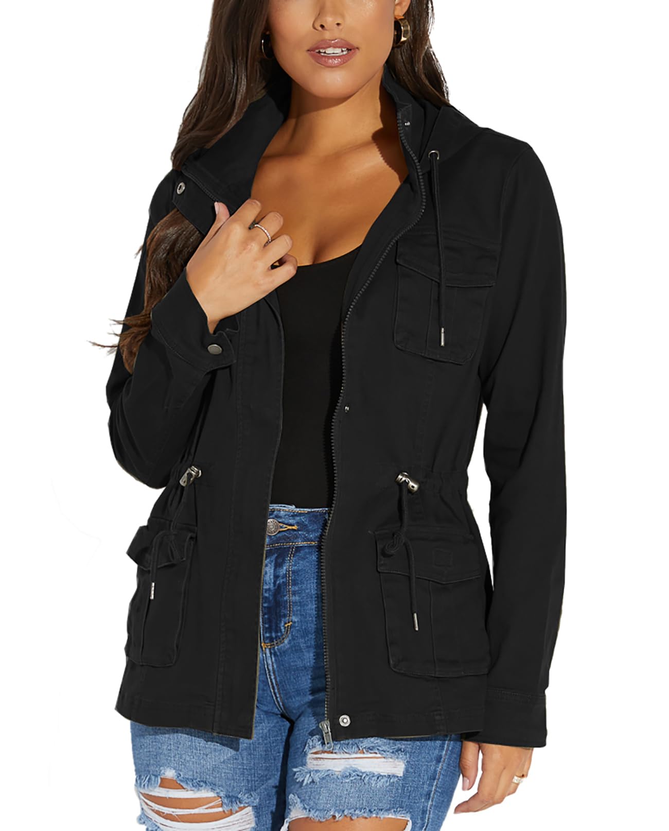 JTNFairy Casual Jackets for Women Long Sleeve Zipper Classic Outwear Bomber Coats Button Up with Pockets