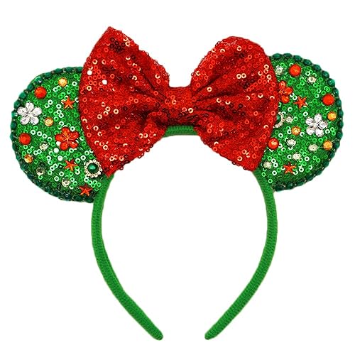 Miniatura 10 de Diademas de orejas de ratón de Navidad, diademas de lazo de Navidad para mujeres y niñas, bandas para el pelo de cuerno de alce con lazo verde