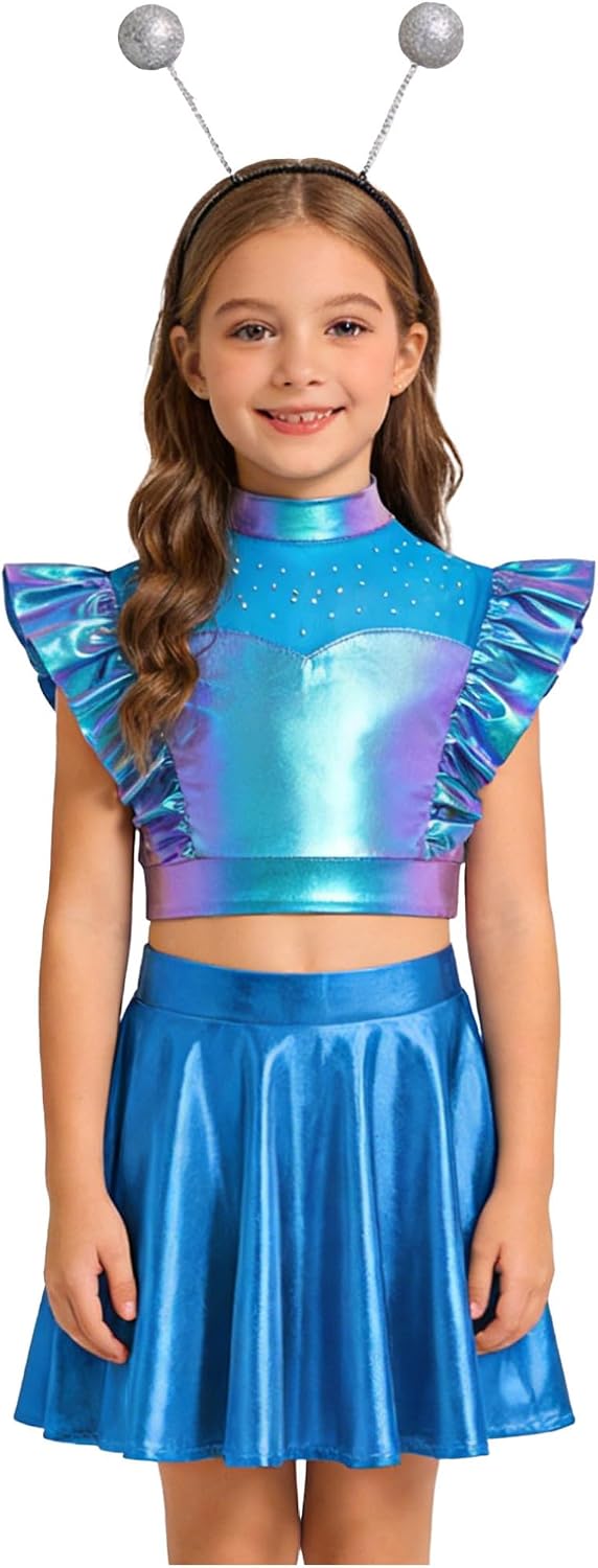 ranrann Kid Girl Shiny Skirt And Top Set 2 Pcs Metallic Alien Outfits Crop Top & Pleated Mini Skirt Holiday Set Silver 12 Years
