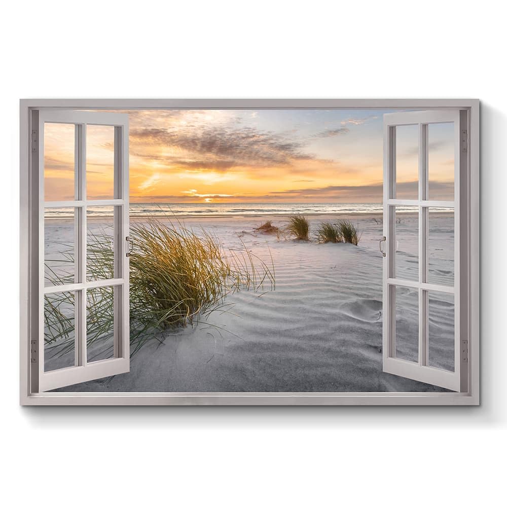 TAR TAR STUDIO Sunset Beach Canvas Wall Art: Open Window Coastal Prints Natural Sea Scenery Picture for Bedroom Bathroom Living Room 36x24 Inch