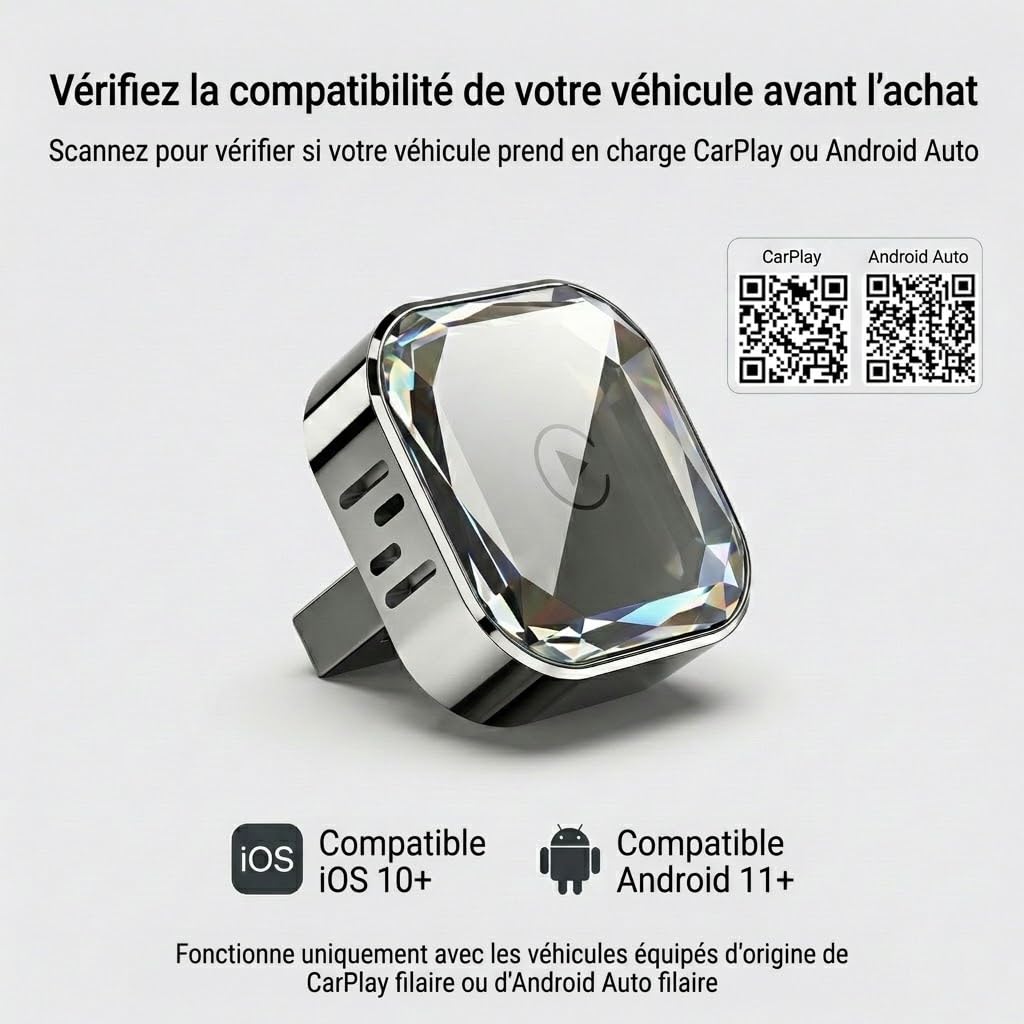 Adaptateur CarPlay sans Fil et Android Auto 2-en-1, Dongle Plug & Play pour Voiture avec WiFi 5.8GHz, pour iPhone et Android, Connexion Rapide, Mise à Jour OTA