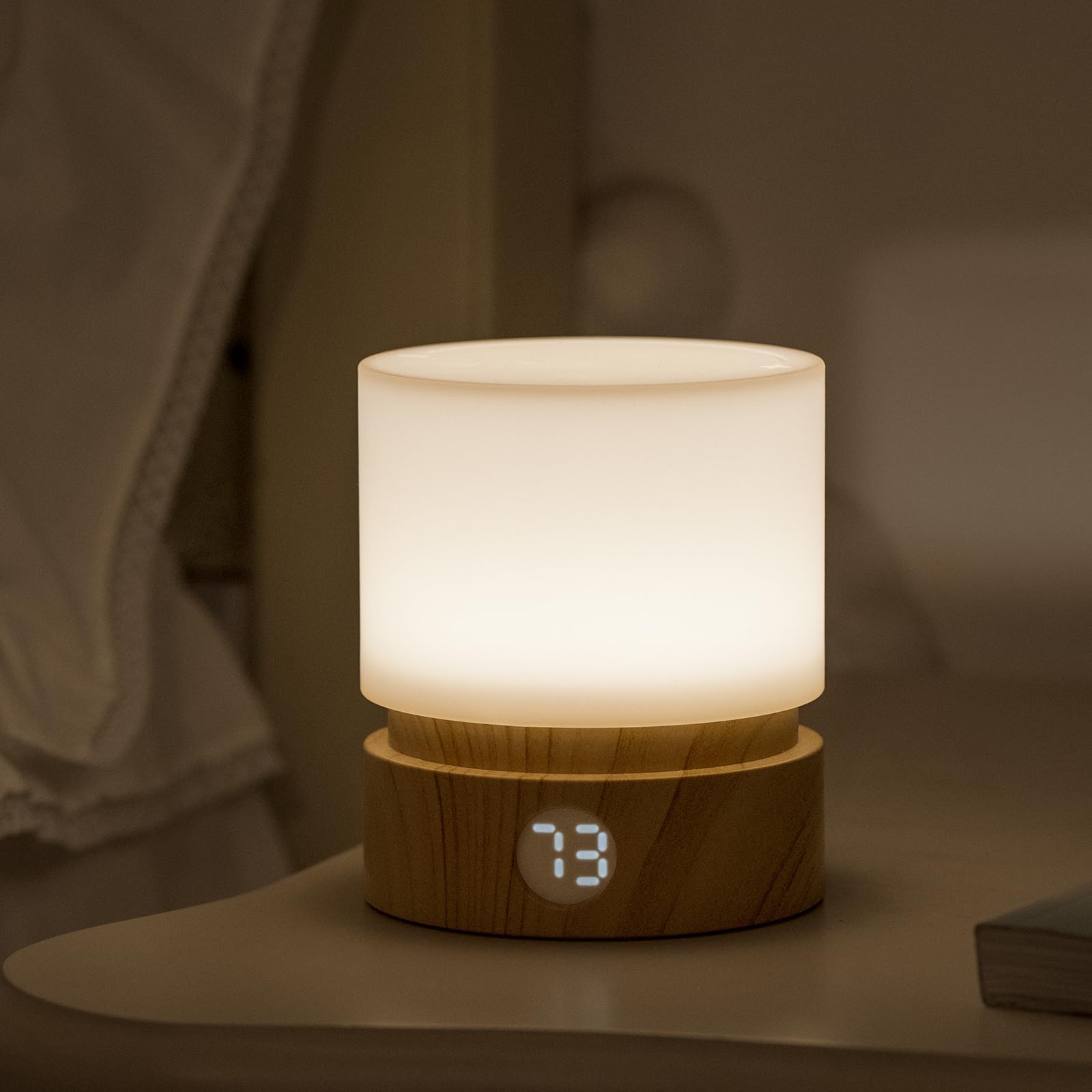 Smilodon Timer Night Light, Small LED Bedroom Lamp, Bedside Table Lamp, Night Light Kids, Baby Breastfeeding, Woodgrain, Dimmable, Battery Operated, Warm Mood Light Color
