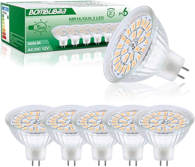 Bombubilla MR16 Led Bulbs, GU5.3 LED Light Bulbs Warm White 3000K, 5W Equivalent 50W Halogen Bulbs, 12V Led Spotlight Bulbs, 450lm, Non-Dimmable, Pack of 6