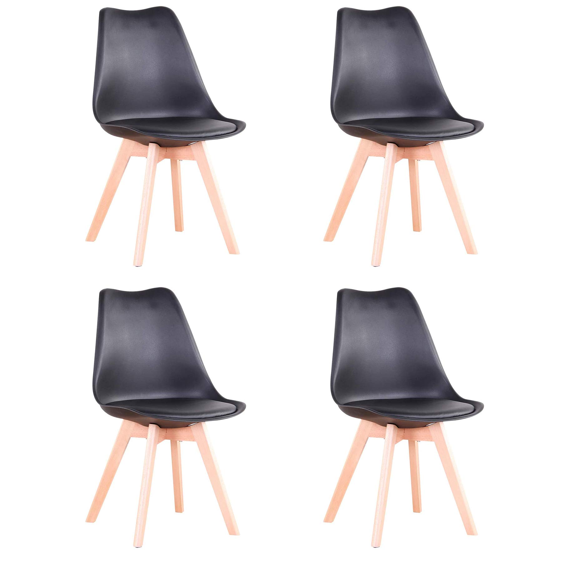 DEYARNA HOME Pack 4 Sillas de Comedor Nordicas, Sillas de Cocina con Cuero Tapizado Cojín y Patas de Madera de Haya, para Comedor, Salón, Dormitorio, Cocina (Negro)
