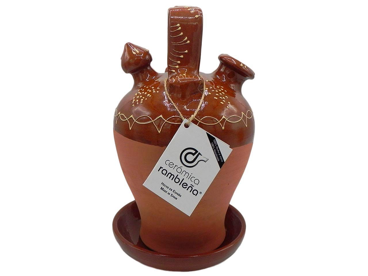 CERÁMICA RAMBLEÑA | Botijo de Barro Tradicional Filo Rojo de La Rambla (Córdoba) | 100% Hecho a Mano | 3.5 litros | Eco | Plato Incluido