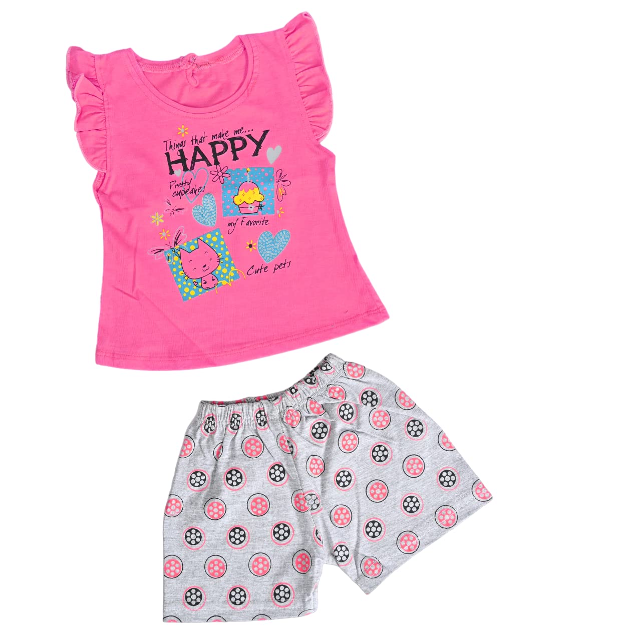 Nil creation Pure Cotton Casual Regular Fit Girls Happy Printed Top and Shorts Set (Dark Pink, 12-24 Months)