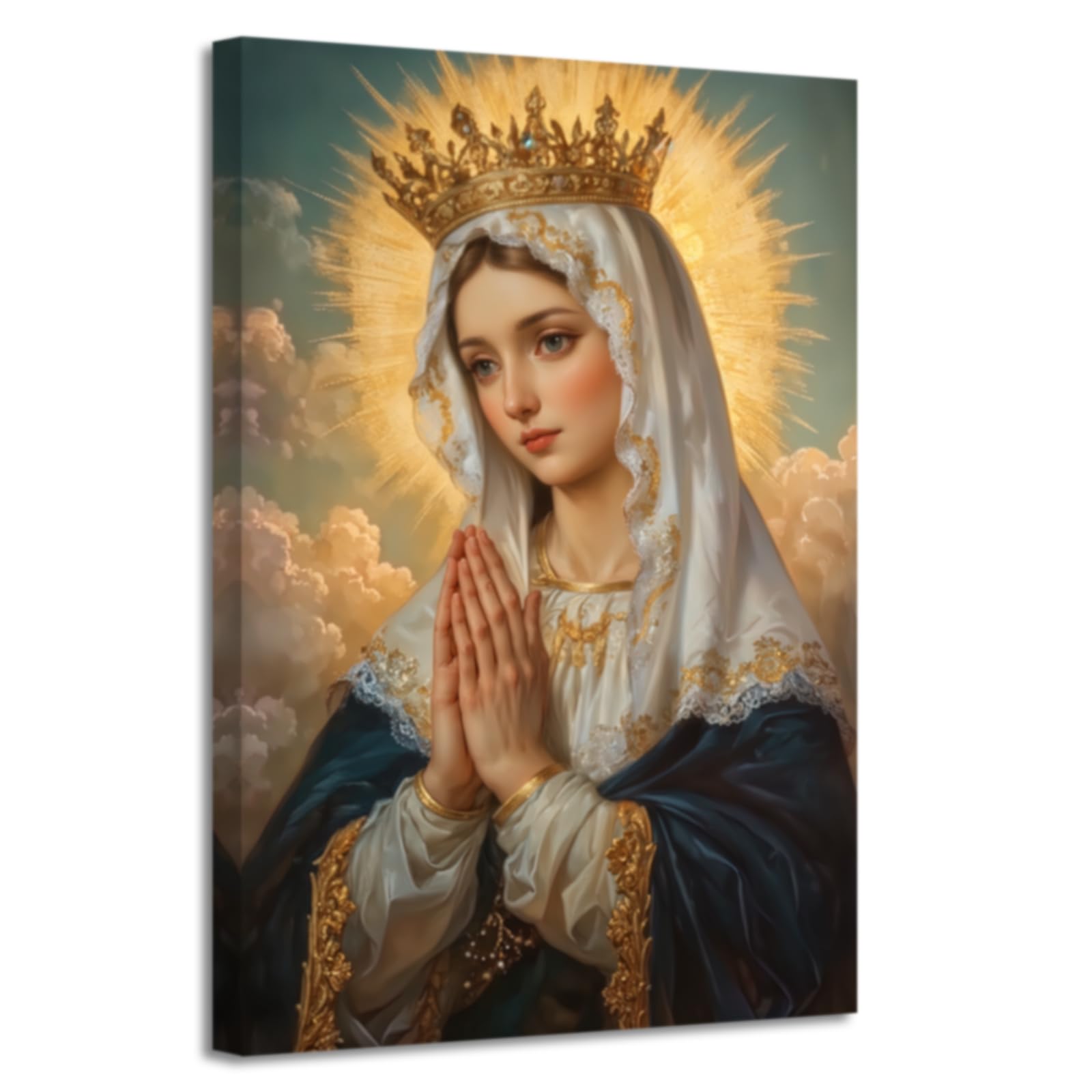 LZIMU Virgin Mary Picture Wall Art Catholic Wall Decor Religious Painting Madonna Mary with Crown Canvas Print Church Wall Decor Framed (Gold, (60.00 x 90.00 cms))