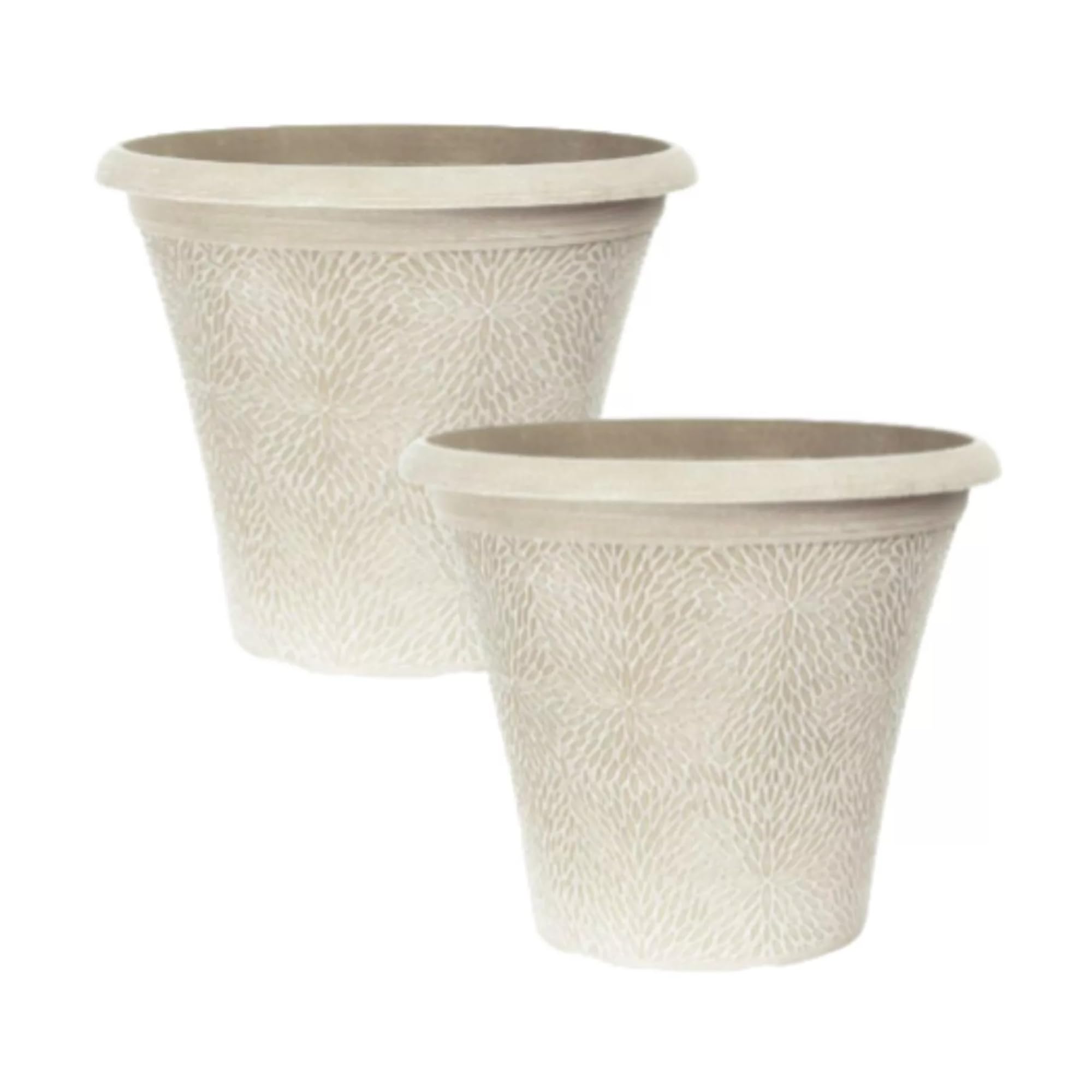 Fyne-Finds Beige Grey Set Of 2 Plastic April Planters Round Powdered 35Cm,14Inch Plant Pots 17L Flower Pot Home Garden Decor Pot With Drainage Holes