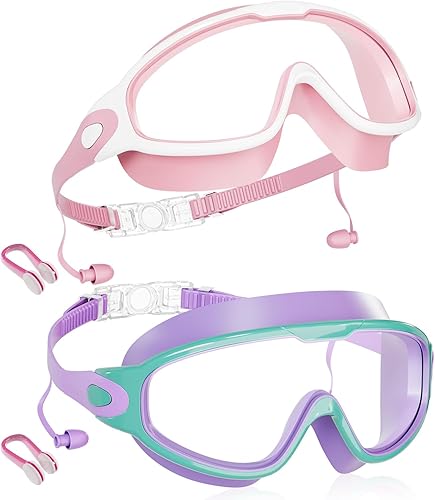 Aegend Paquete de 2 gafas de natación de visión amplia, antivaho, UV, sin fugas, con tapones para los oídos para niños de 3 a 14 años