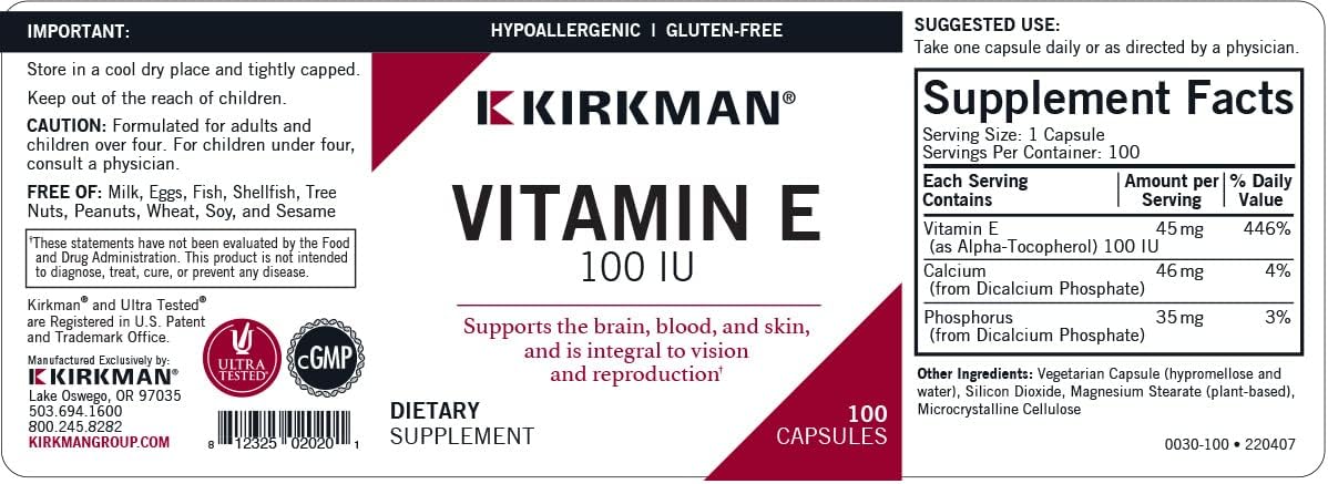 Kirkman Vitamin E 100 IU - Hypoallergenic || 100 Vegetarian Capsules || Supports Immune System || Gluten Free || Casein Free || Soy-Free