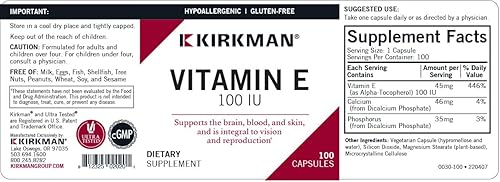 Miniatura 3 de Kirkman Vitamina E 100 UI - Hipoalergénico  100 cápsulas vegetarianas  Apoya el sistema inmunológico  Sin gluten  Sin caseína  Sin soja