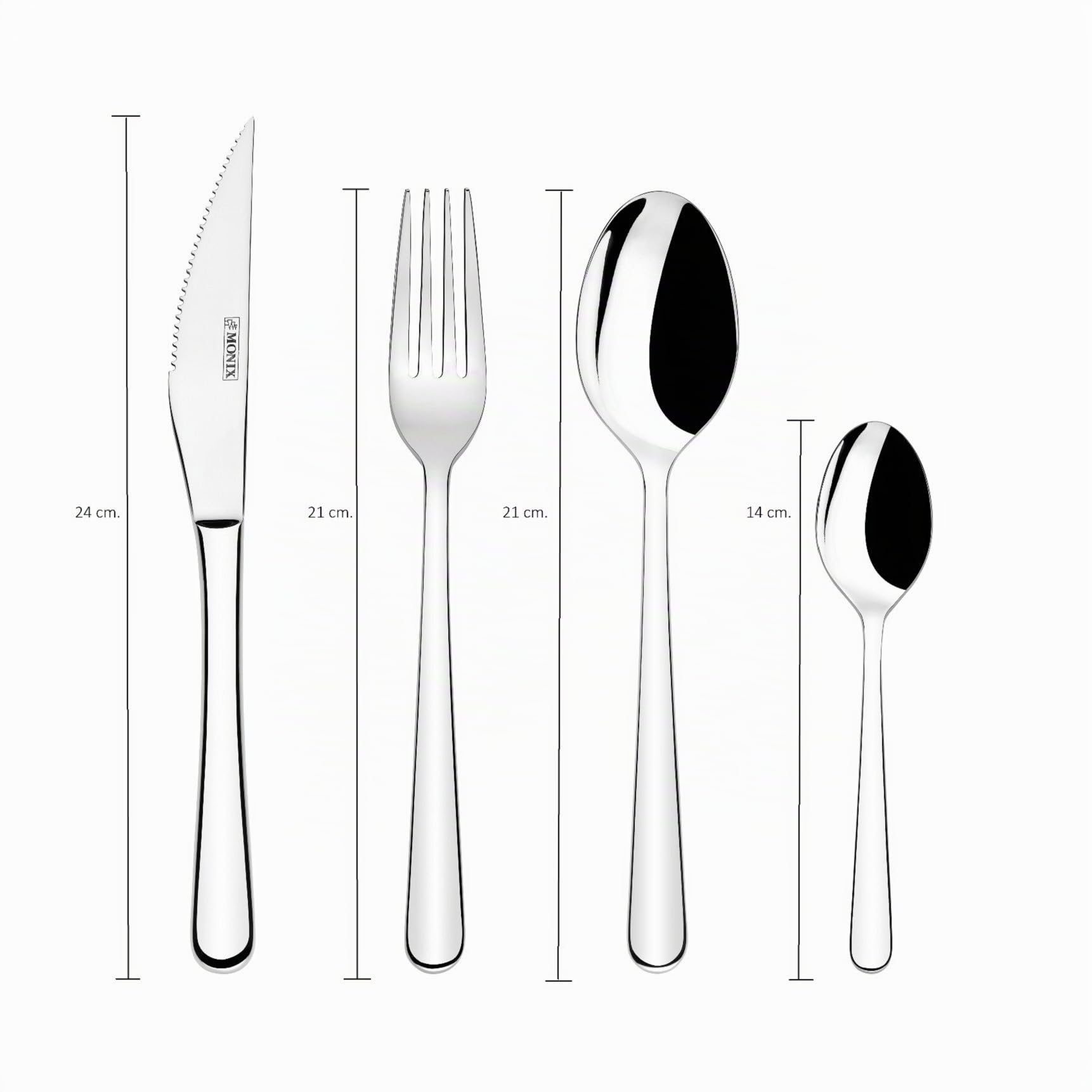 MONIX Pisa | Set di posate di 24 pezzi con coltello da bistecca | Acciaio inox 18/10, design contemporaneo, finitura lucida brillante, spessore 3 mm, per 6 persone