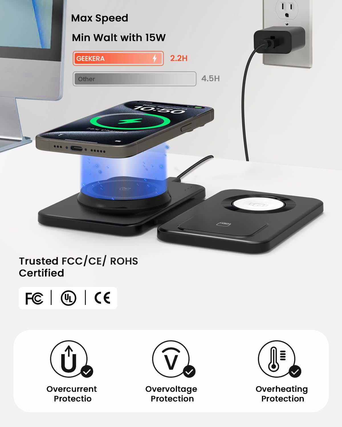 GEEKERA Caricatore con Magsafe, 3 in 1 Stazione di Ricarica per Apple Watch e iPhone 16/15/14/13/12/Pro Max/mini, Caricatore Wireless per iWatch 2-Ultra 2, Base Caricabatterie per AirPods 2-Pro-Nero