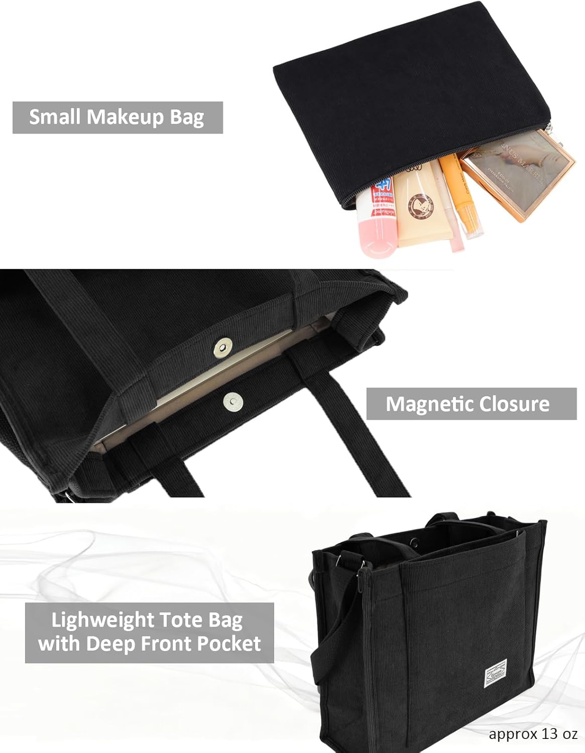 UERRUAM Tote Bag for Women,Lightweight Corduroy Tote Bag 2pcs,Shoulder Crossbody Bag for Work,Everyday,College,Hard Bottom - Image 5