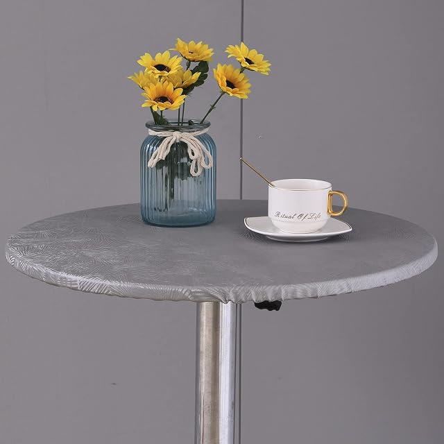 Elastic Edged Vinyl Round Fitted Tablecloth - Oil & Waterproof Wipeable Plastic Table Cover Indoor Outdoor Patio Round Fitted Vinyl Tablecloth, Plant Pattern (Grey, 60cm in diameter)