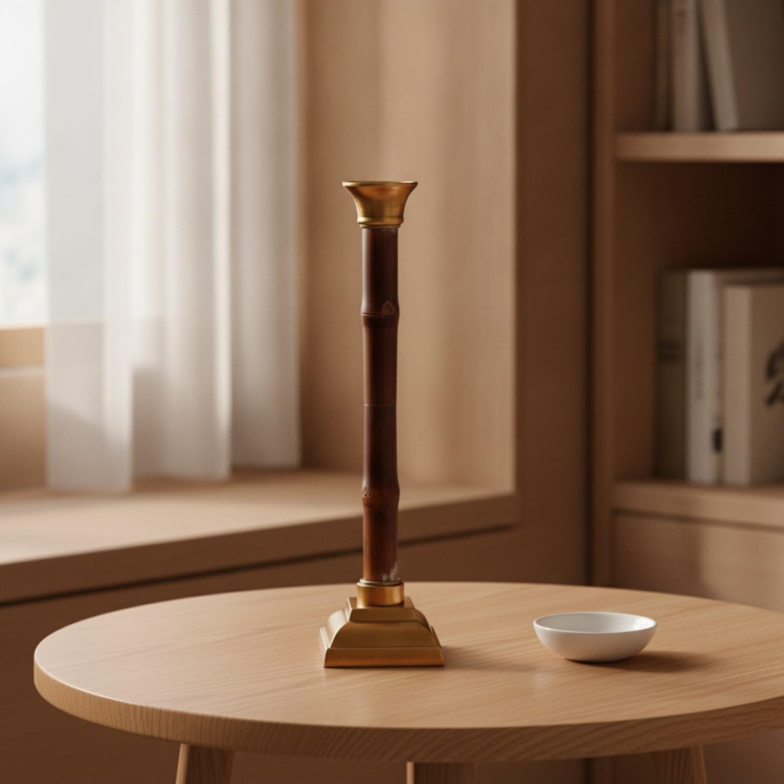 Portacandele in Alluminio e Bambù Elegante Portacandele con Base Squadrata e Stelo in Bambù Atmosferico Candelabro per Console, Serate Tranquille, L
