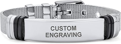 Bling Jewelry Pulsera de identificación grabable personalizable, pulsera de malla con hebilla de identificación para hombres y mujeres, tono