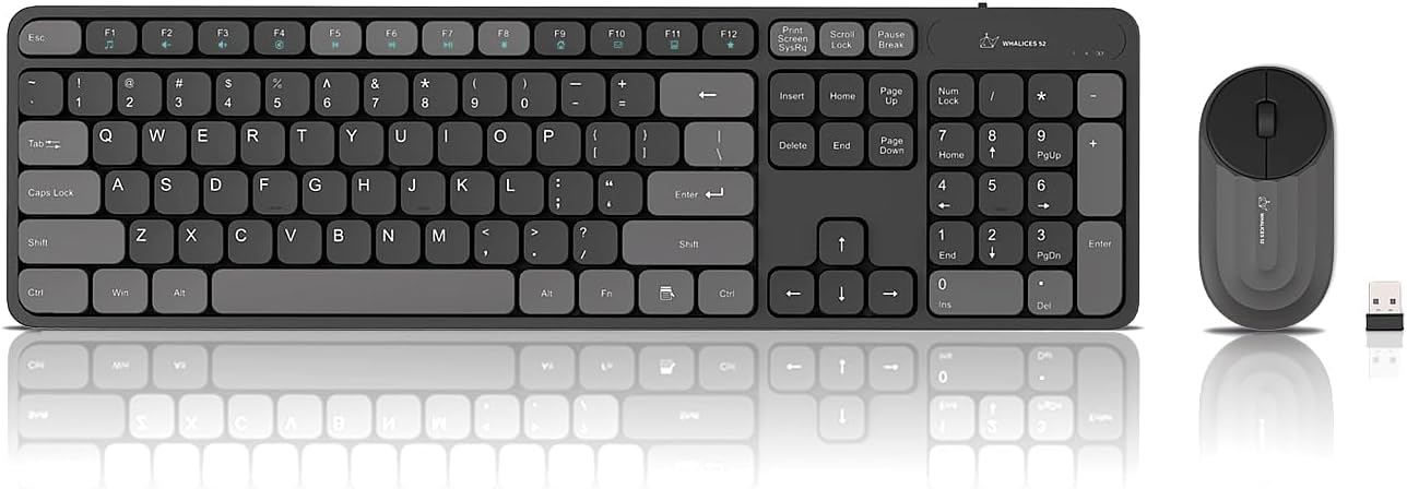 Wireless Keyboard and Mouse Combo, 2.4G Plug and Play, Rechargeable, Low-Noise, Full-Size Keyboard with Number Pad, Adjustable DPI Mouse for Windows, PC, Laptop, Desktop(Black Gray)