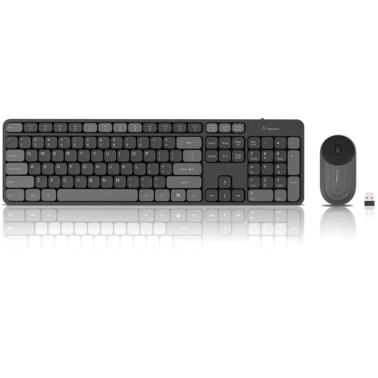 Whalices 52 Wireless Keyboard and Mouse Combo, Large Flat Keys, Quiet Click Design, Rechargeable Long Battery, Full Size with Number Pad, Plug & Play for Laptop PC Home Office(Black Gray)