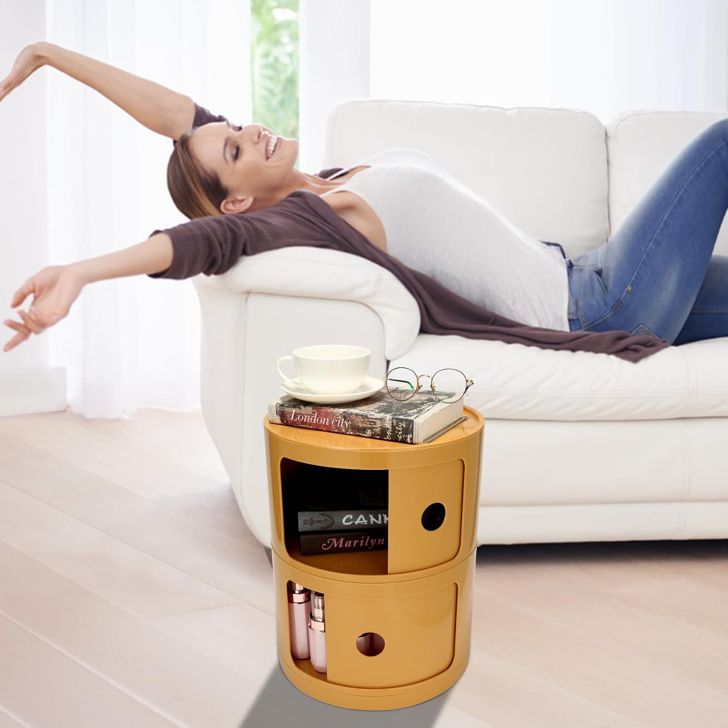 2-Tier Round Bedside Table, Narrow Storage Cabinet, Small Stylish Storage Cabinet, no Installation Required, Suitable for Living Room and Bedroom, Small Space