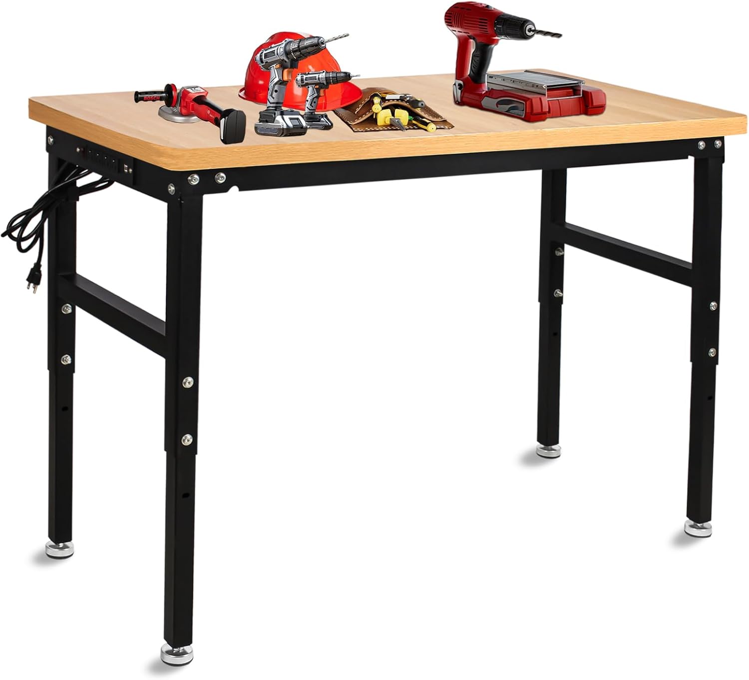 48'' Adjustable Workbench with Power Outlet, 2000 Lbs Capacity Work Benches for Garage, Wood Heavy Duty Work Bench,Shop Table for Shop Office Home Commercial