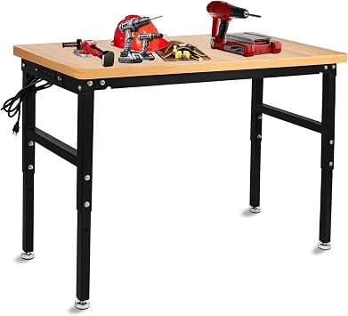 48 Adjustable Workbench with Power Outlet, 2000 Lbs Capacity Work Benches for Garage, Wood Heavy Duty Work Bench,Shop Table for Shop Office Home Commercial