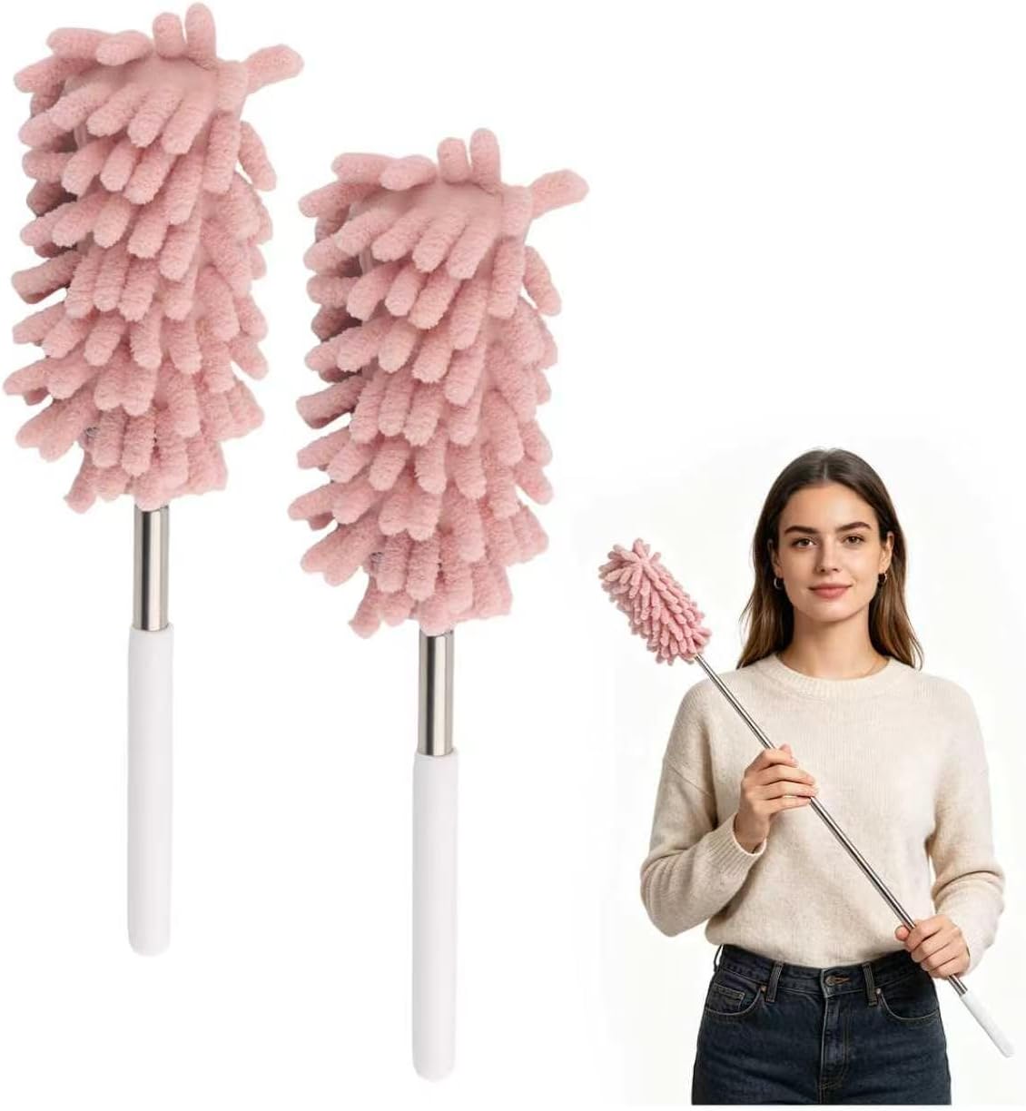 2PCS Car Duster Interior with Bendable Head & Retractable Extension Pole,Pink Microfiber Duster for Car Interior Detailing Cleaning,Universal Cars Interiors Dusters Cars Tools