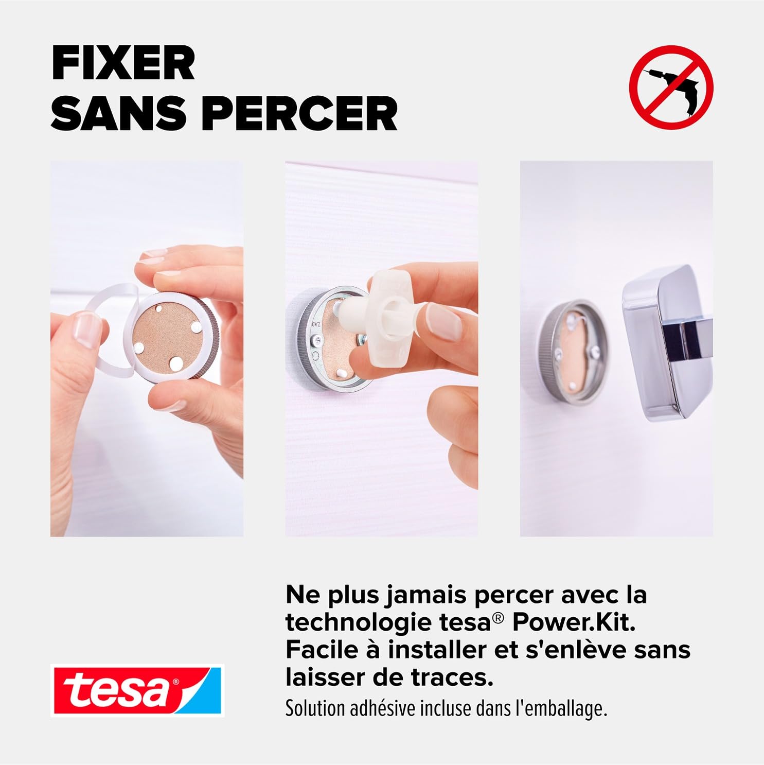 tesa® Smooz support serviette salle de bain, finition brillante métal chromé, adhésif, technologie sans percer