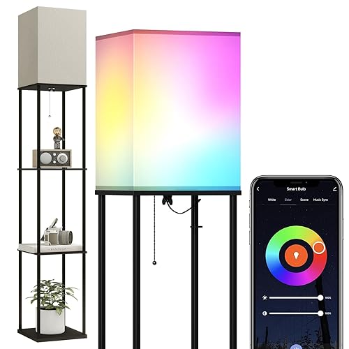 Floor Lamp with Shelves, Smart APP Control Standing Lamp with RGB Bulb, 4-Tier Dimmable Floor Lamps for Living Room, Tall Lamp for Bedroom, Office, Corner Display Bookshelf Lamp - Black App