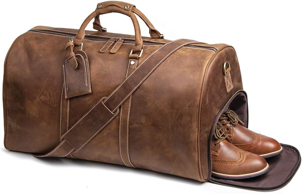 Leathfocus Mens Leather Travel Bag, Leather Weekend Bag
