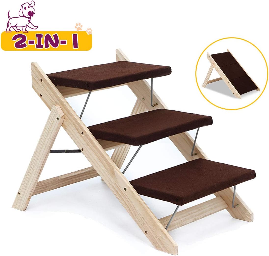 TOOCA Dog Stairs, Wood Pet Stairs/Pet Steps 2 in 1 Foldable Dog Stairs for Small/Large Dogs & Dog Ramp for Bed, Portable Dog Steps for High Bed Load Up to 130 lbs