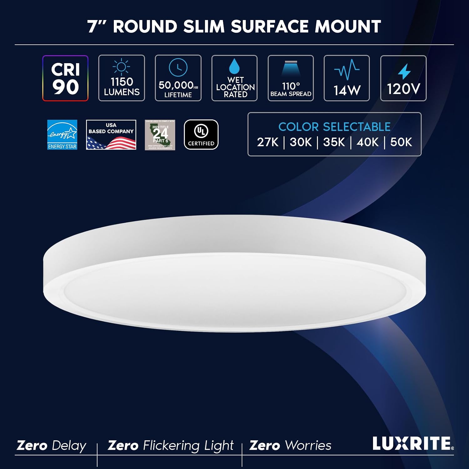 LUXRITE 7 Inch LED Flush Mount Ceiling Light, LED Surface Mount, 5CCT 2700K-5000K, 1150 Lumens, CRI90, 110° Beam Angle, 14 Watt, Dimmable, Wet Rated & UL Listed, Round Slim Trim (4 Pack)