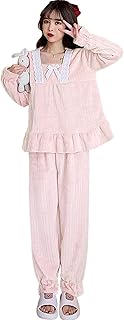 [TeMibery Lyric] ルームウェア レディース パジャマ もこもこ 長袖 秋 冬 部屋着 2点セット 厚手 セットアップ 肌に優しい かわいい 裏起毛 上下セット 秋冬 大きいサイズ リボン レース パンツ ふわふわ ゆったり 防寒 暖かい