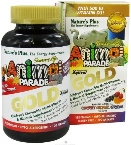 NaturesPlus Animal Parade Gold Children’s Multivitamin – Assorted Cherry, Orange & Grape Flavors – 120 Animal-Shaped Chewable Tablets, Pack of 2 – Vegan, Gluten Free – 120 Total Servings