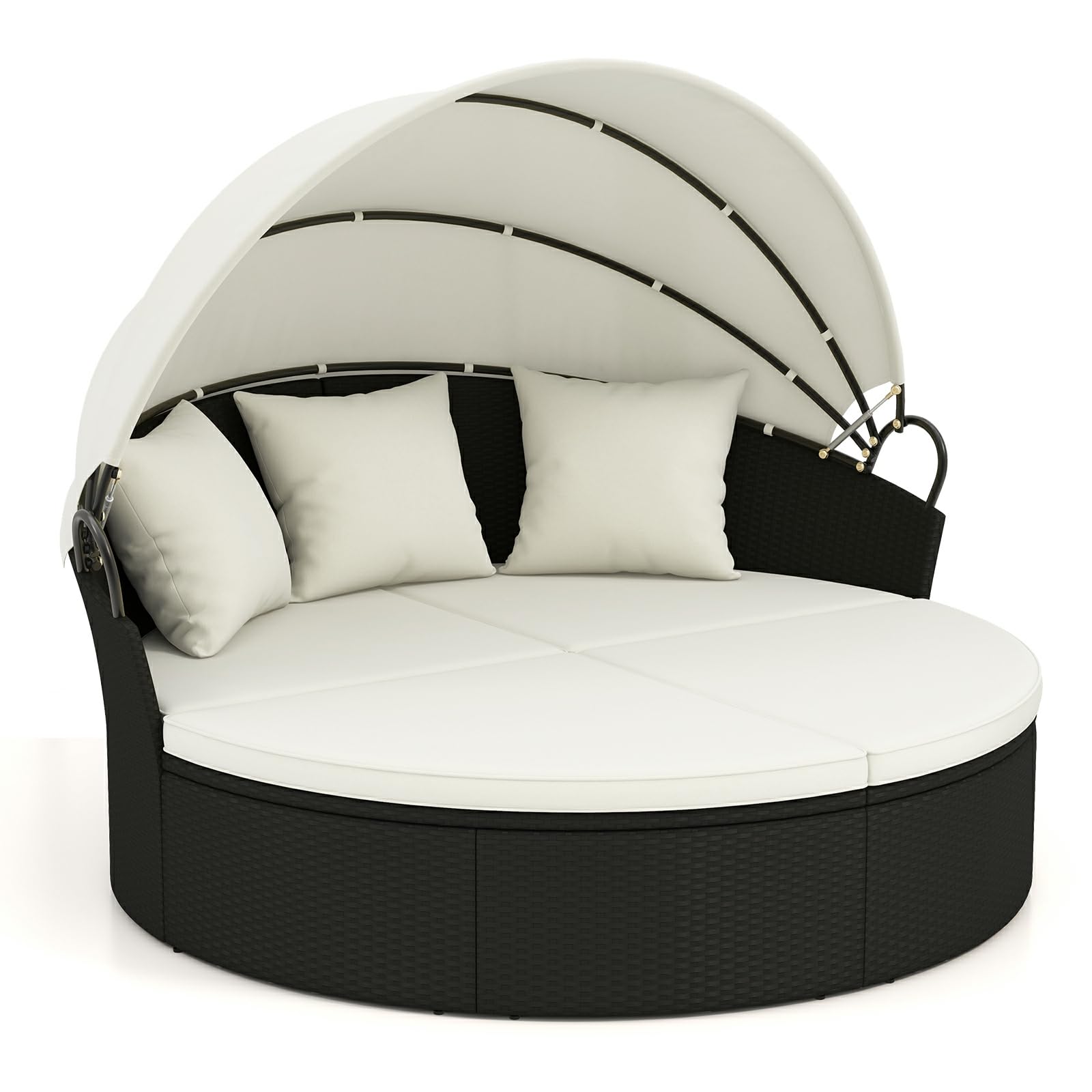 Moccha Outdoor Daybed with Retractable Canopy - Round Sectional Sofa w/ Cushions & Pillows, Separated Seating, Rattan Sunbed, Clamshell Conversation